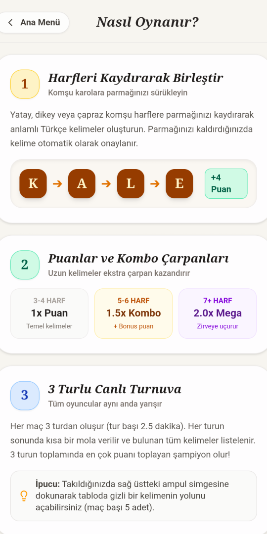 Nasıl oynanır — kaydırma, kombo, üç tur