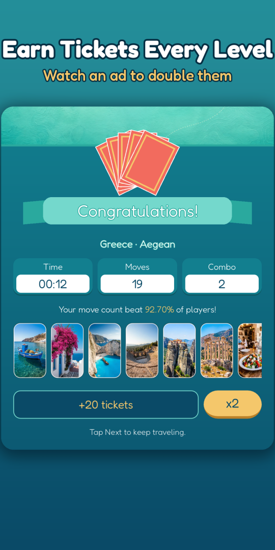 Level cleared — Greece · Aegean, with a ticket reward