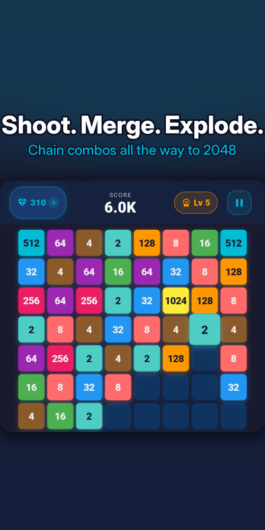 Game board — shoot, merge, chain combos