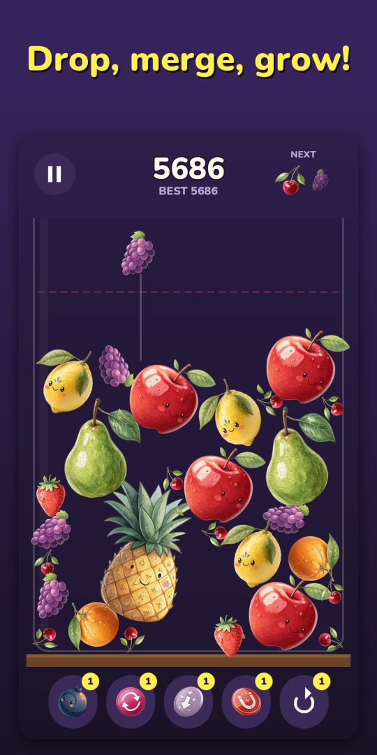 Drop fruits, merge pairs into bigger ones